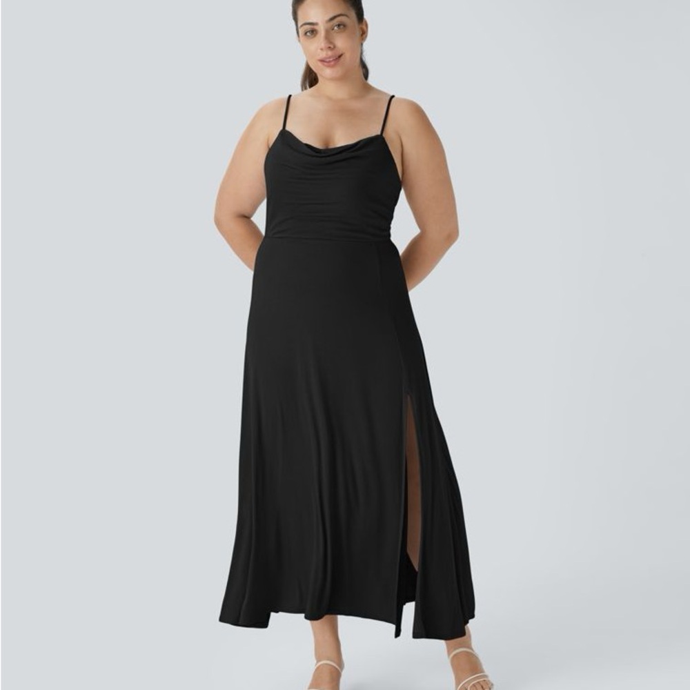 Ribbed Cowl Neck Backless Crisscross Lace Up Split Midi Party Plus Size Dress